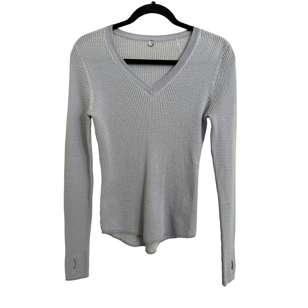 Margaret O'Leary Light Blue Waffle Open Knit V-Neck Sweater Thumbholes S